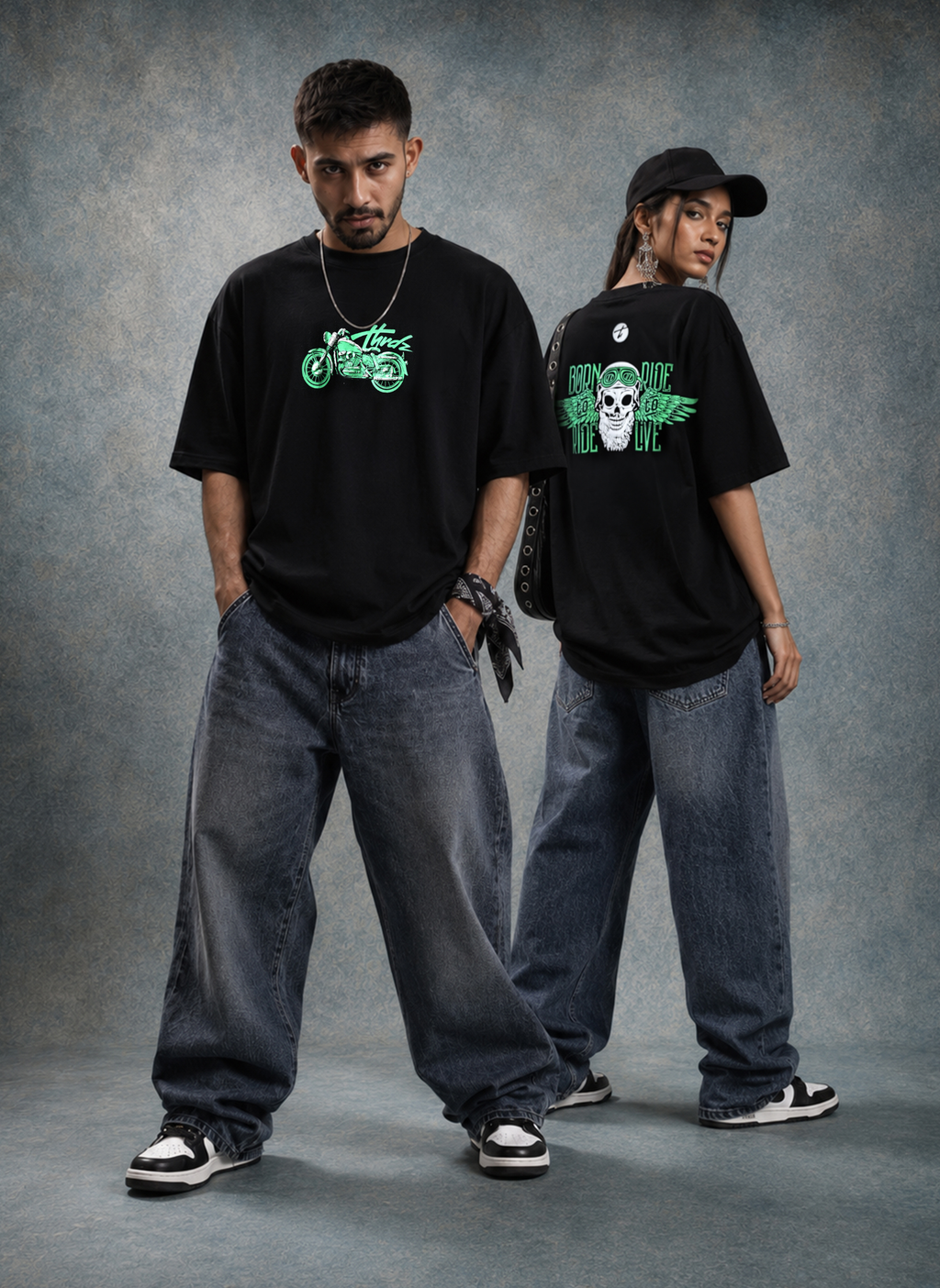 Born to Ride Biker Spirit Drop Shoulder Oversized Boxy Fit T-Shirt for Rugged Street Style