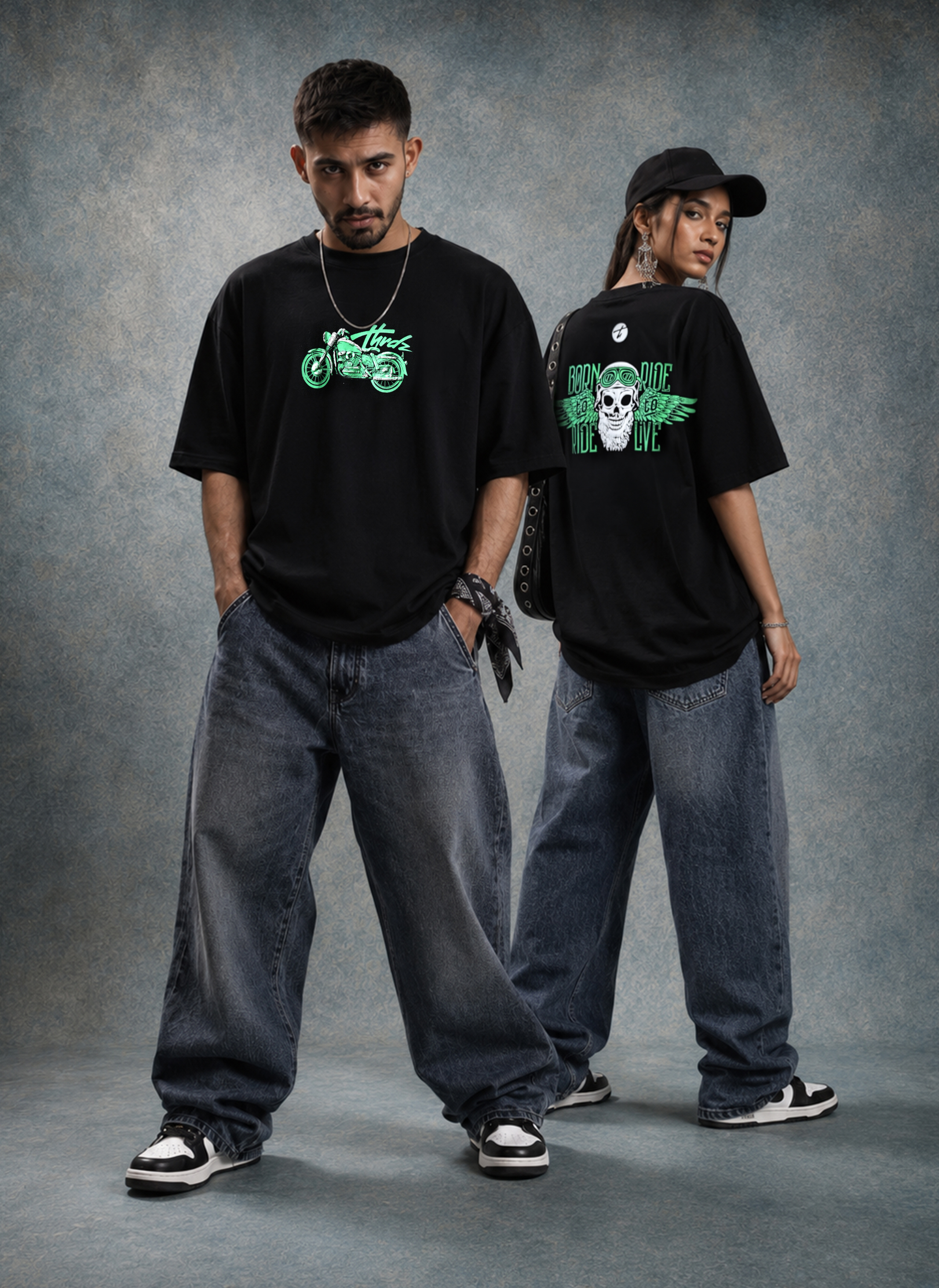 Born to Ride Biker Spirit Drop Shoulder Oversized Boxy Fit T-Shirt for Rugged Street Style