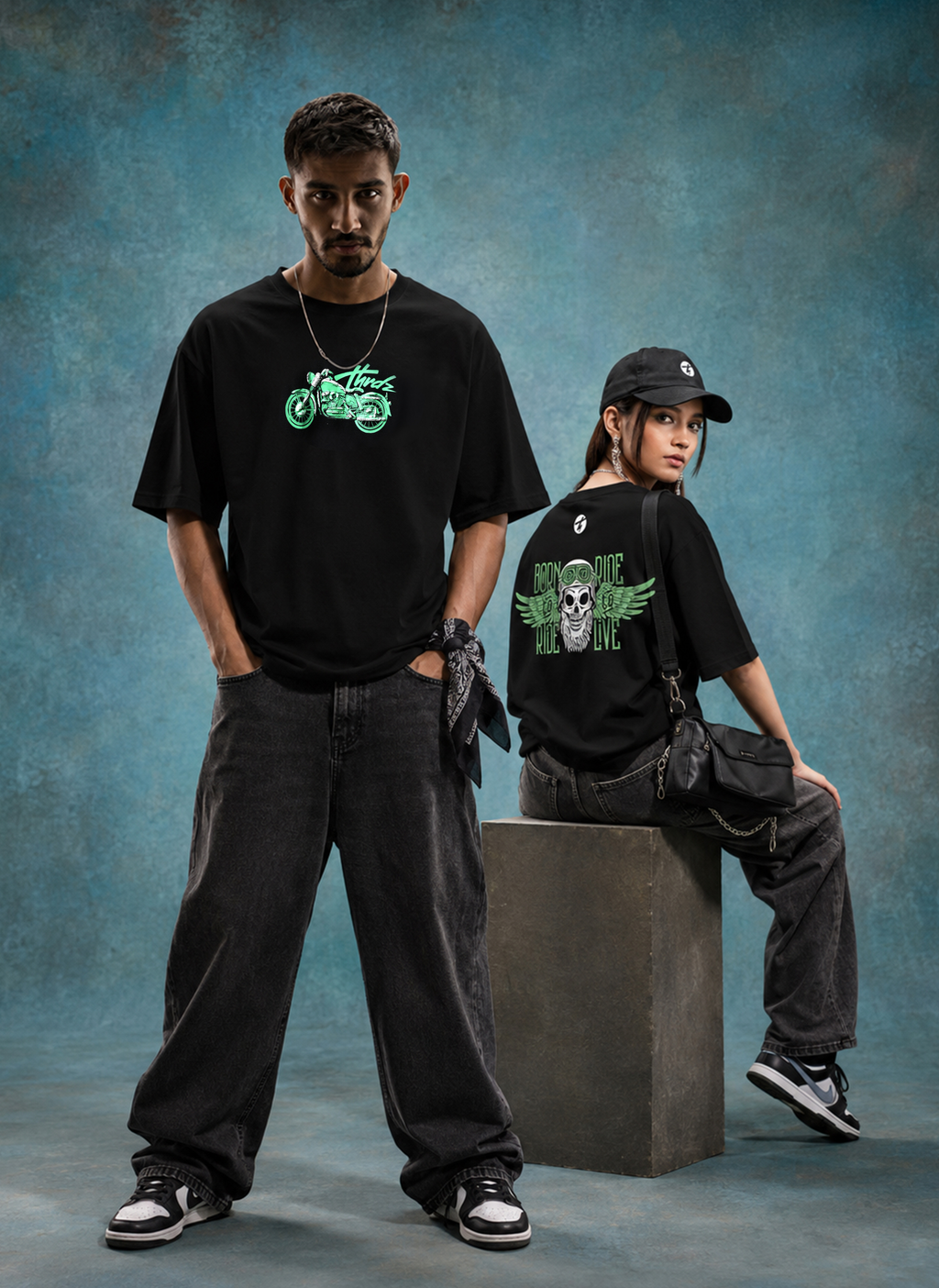 Born to Ride Biker Spirit Drop Shoulder Oversized Boxy Fit T-Shirt for Rugged Street Style