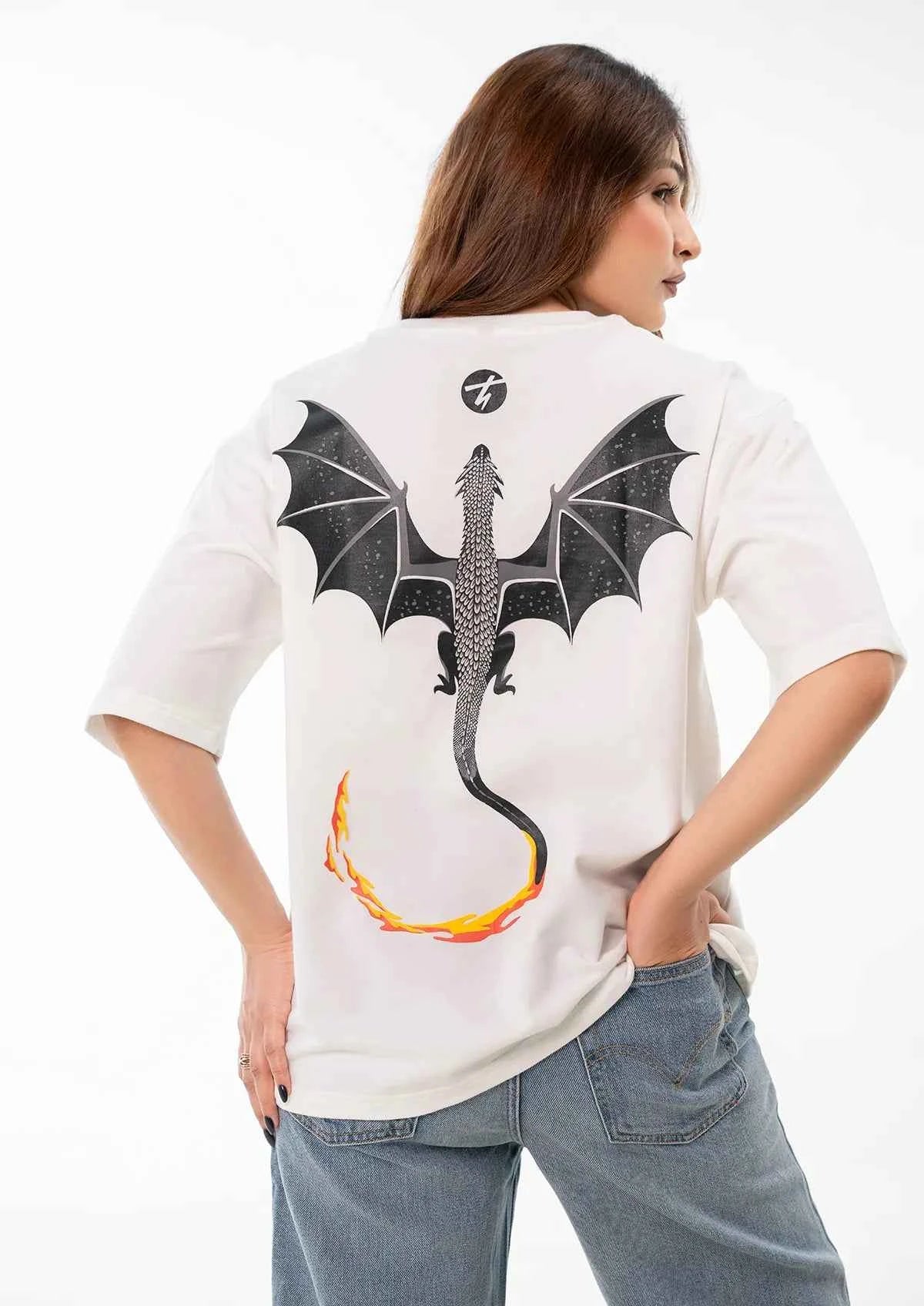 Inferno Dragon Off White Oversized T-shirt - Boxy Fit Design